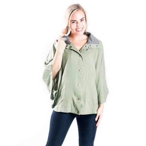 Cape Style Olive Green Poncho Button Up Jacket - Picture 2 of 5